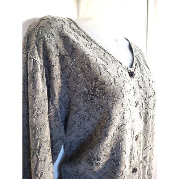 Boho Minimalist Gray Embroidered Button Down Top | Artsy Textured Long Sleeve M - Picture 2 of 16